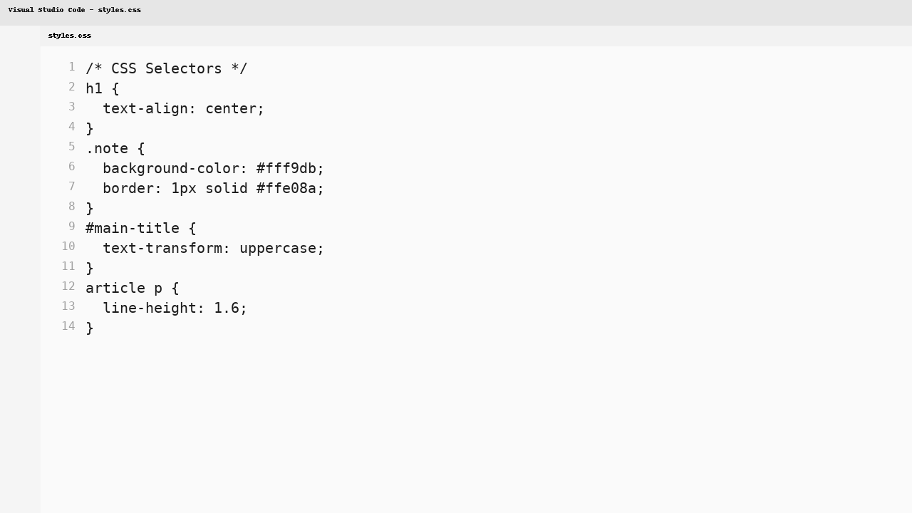 CSS selectors: type, class, id, descendant in VS Code